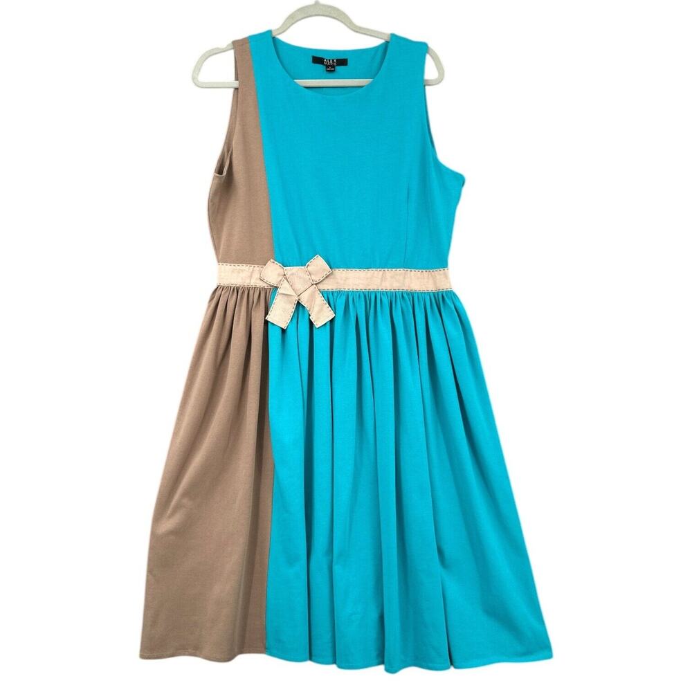 Alex Marie Denise Lake Blue Color-Block Bow‎ Belt Gathered Skirt Dress Large
